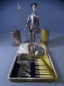 EPNS - cased set of fish knives and forks, hip flask, cigarette case, military figure ETC