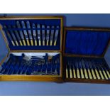 TWO CASED QUANTITIES OF EPNS CUTLERY including a set of fish knives and forks with silver ferrules