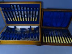 TWO CASED QUANTITIES OF EPNS CUTLERY including a set of fish knives and forks with silver ferrules