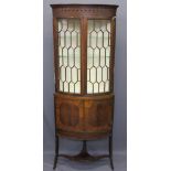 FLOOR STANDING MAHOGANY INLAID CORNER DISPLAY CUPBOARD, twin curved glazed upper doors with fretwork