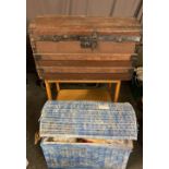 WOODEN BANDED & IRON DOME TOPPED TRUNK, 33 x 72 x 41cms and a similar sized wicker with a quantity