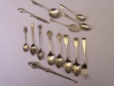 VARIOUS SILVER FLATWARE plus large silver handled button hook, various patterns and hallmarks,