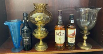 FAMOUS GROUSE WHISKY, BELLS, TRIPLE CROWN CROFT PORT, a brass oil lamp with Amber shade ETC