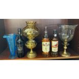 FAMOUS GROUSE WHISKY, BELLS, TRIPLE CROWN CROFT PORT, a brass oil lamp with Amber shade ETC