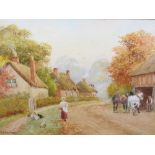 R H WALKER watercolour - Blacksmith at work with other figures and a woman on road, signed, 17.5 x