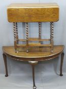 OAK BARLEY TWIST GATE-LEG TABLE and a mahogany low hall table, 74.5cms H, 76cms L, 37cms W closed