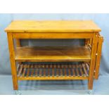 STAINED MODERN PINE KITCHEN WORKSTATION on castors, 100cms H, 124cms max W, 54cms D