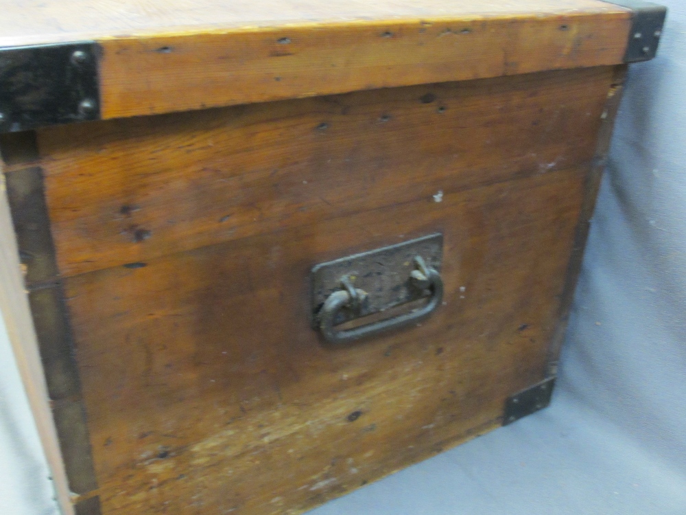 ANTIQUE PINE LIDDED STORAGE BOX with iron carry handles and corner straps, 48cms H, 110cms W, - Image 4 of 4