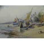 JOSEPH HUGHES CLAYTON watercolour - Fisherman and boats at Cemaes Bay, signed, 48 x 76cms