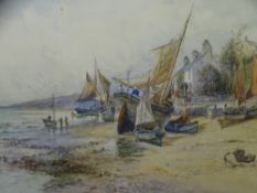 JOSEPH HUGHES CLAYTON watercolour - Fisherman and boats at Cemaes Bay, signed, 48 x 76cms