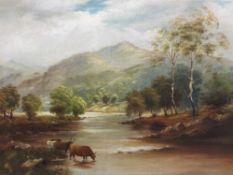 INDISTINCTIVELY SIGNED oil on canvas - highland cattle at riverside, 37 x 50cms