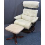EKORNES STRESSLESS TYPE RECLINER/SWIVEL ARMCHAIR with near matching foot stool in cream leather