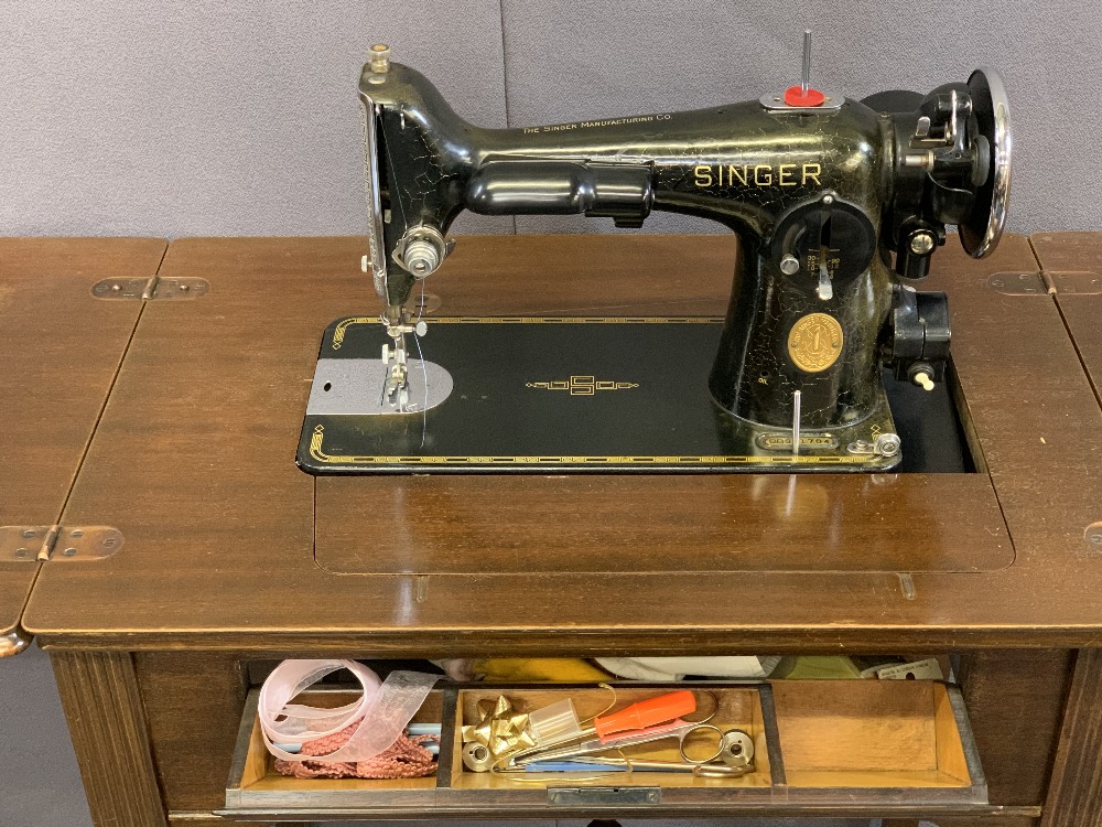 VINTAGE SINGER ELECTRIC SEWING MACHINE in a mahogany worktable, 83cms H, 64cms W, 45cms D - Image 2 of 3