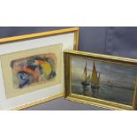 A E FERRARIS 1928 oil on canvas - Three junks at sea, signed, 18.5 x 27.5cms and a watercolour
