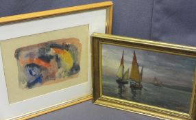 A E FERRARIS 1928 oil on canvas - Three junks at sea, signed, 18.5 x 27.5cms and a watercolour