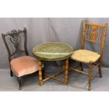 BENARES TYPE BRASS TOP FOLDING TABLE & TWO SIDE CHAIRS, one being nursing type in mahogany