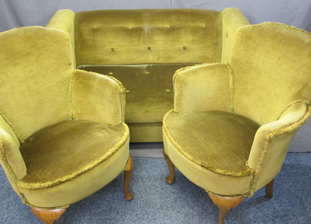 PARKER KNOLL VINTAGE BUTTON UPHOLSTERED DROP-END TWO SEATER SETTEE and a pair of similarly