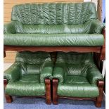 GREEN LEATHER EFFECT THREE PIECE LOUNGE SUITE of three seater settee and two armchairs, 94cms H,