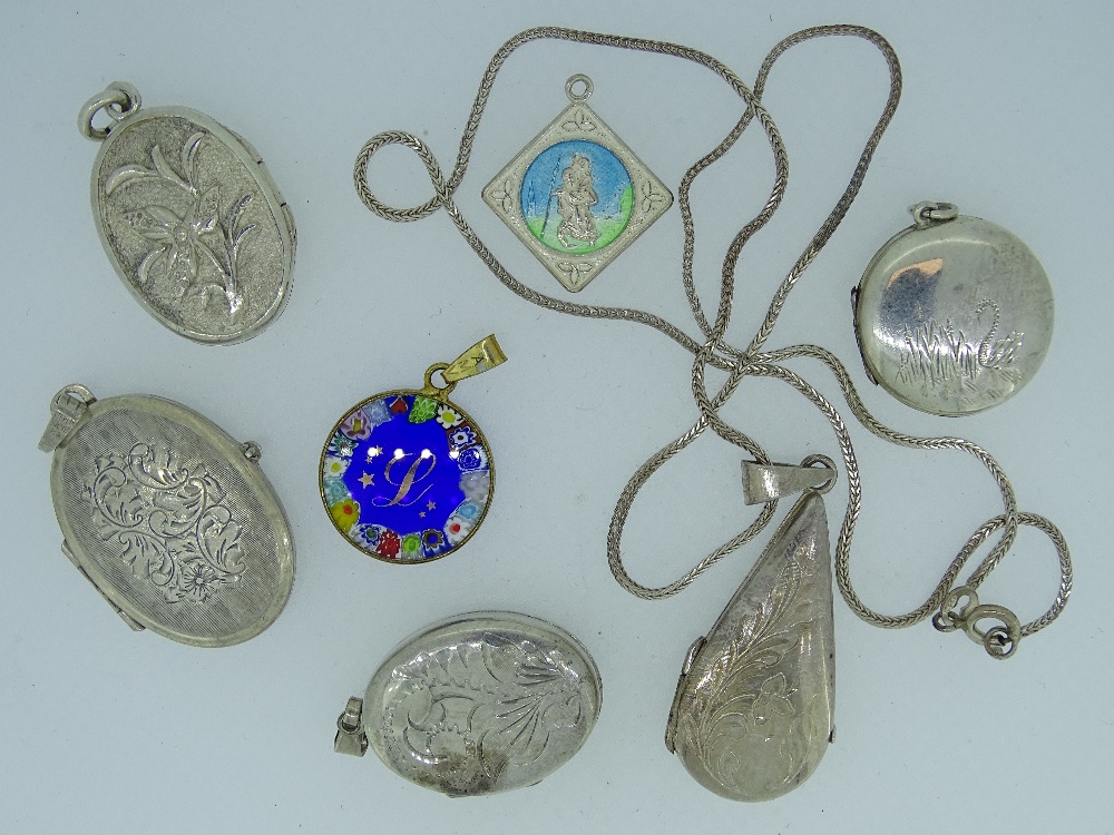 VARIOUS SILVER LOCKETS (5) to include oval, circular and teardrop forms together with two small