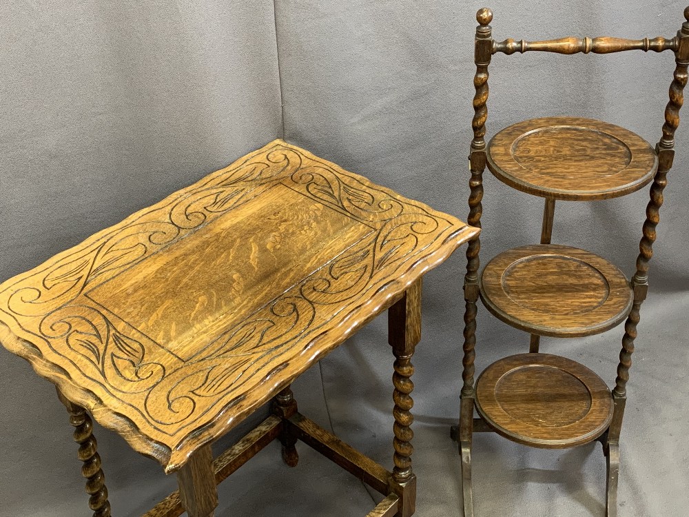 OAK BARLEY TWIST OCCASIONAL FURNITURE ITEMS (2) including a piecrust top side table with carved - Image 2 of 2