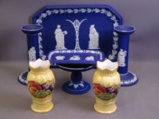 AYNSLEY ORCHARD GOLD, a pair of vases, 12cms H and Wedgwood Jasperware dark blue dressing table