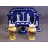 AYNSLEY ORCHARD GOLD, a pair of vases, 12cms H and Wedgwood Jasperware dark blue dressing table