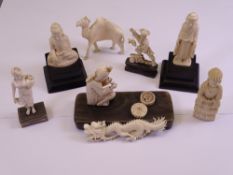 EARLY 20TH CENTURY ORIENTAL/INDIAN CARVED IVORY GROUP OF FIGURINES, various measurements