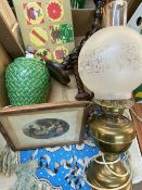 BRASS OIL LAMP with etched glass shade, treen candlesticks ETC