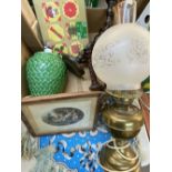 BRASS OIL LAMP with etched glass shade, treen candlesticks ETC