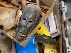 AFRICAN MASK & OTHER TREEN ORNAMENTAL CARVINGS, shells and an assortment of household items