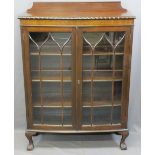 VINTAGE MAHOGANY TWO-DOOR DISPLAY CABINET on ball and claw feet, 126cms max H, 91cms W, 35cms D