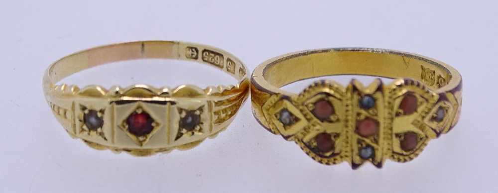 VICTORIAN 15CT GOLD & OTHER RINGS (2), the 15ct gold example set with semi-precious stones, size