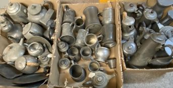 PEWTER - a large assortment of teaware, tankards, some beaten ETC (3 boxes)