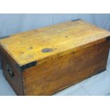 ANTIQUE PINE LIDDED STORAGE BOX with iron carry handles and corner straps, 48cms H, 110cms W,