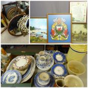 BLUE & WHITE TABLEWARE, various patterns, ceramic bread bin and two chamber pots ETC, COLOURFUL