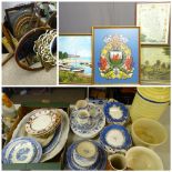 BLUE & WHITE TABLEWARE, various patterns, ceramic bread bin and two chamber pots ETC, COLOURFUL