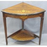 CIRCA 1900 INLAID ROSEWOOD TWO-TIER CORNER STAND, 69cms H, 68cms W, 46.5cms D