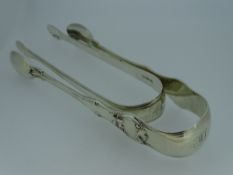 SILVER LARGE SUGAR TONGS (2 pairs); 1 set Exeter 1861 in 'Joan of Arc' pattern, 1 set London 1799 in