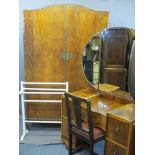 VINTAGE WALNUT & OTHER HARLEQUIN BEDROOM SUITE consisting of two-door wardrobe with carved swag
