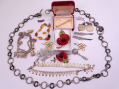 SILVER & OTHER COSTUME JEWELLERY including a hallmarked skirt lifter, a double charm bracelet