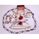 SILVER & OTHER COSTUME JEWELLERY including a hallmarked skirt lifter, a double charm bracelet