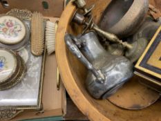 TURNED WOODEN BOWL, 52cms D, fancy dressing table set, quantity of brass and pewter and two old cash