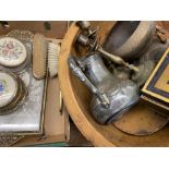 TURNED WOODEN BOWL, 52cms D, fancy dressing table set, quantity of brass and pewter and two old cash