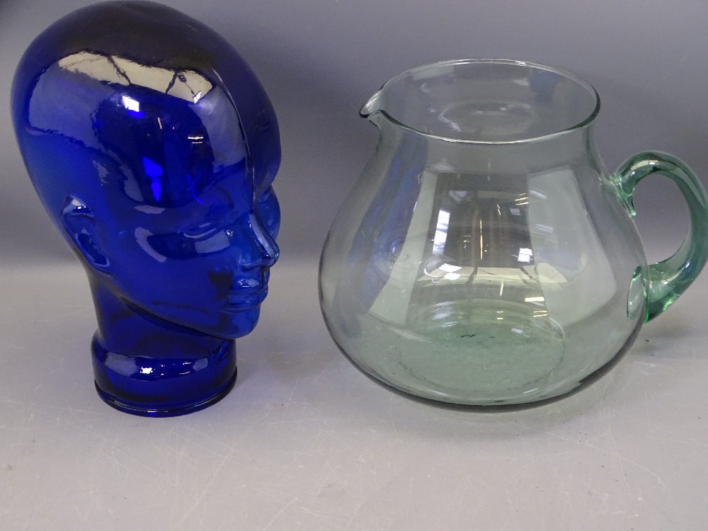 BLUE GLASS BUST, 30cms tall and an oversized glass jug
