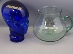 BLUE GLASS BUST, 30cms tall and an oversized glass jug