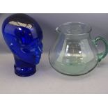 BLUE GLASS BUST, 30cms tall and an oversized glass jug