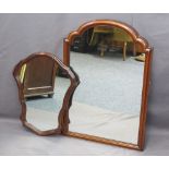 MAHOGANY FRAMED SHAPED MIRROR, 59cms H, 47cms W and a walnut framed converted dressing table mirror,