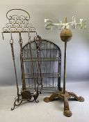 METALWARE - weather vane on a stand, fire irons on a stand and a set of shelves