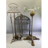 METALWARE - weather vane on a stand, fire irons on a stand and a set of shelves