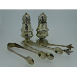 VARIOUS SILVER comprising a pair of baluster form pepper pots, Chester 1906 and three pairs of sugar